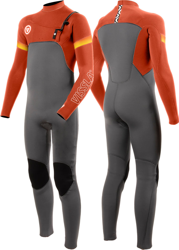 Vissla Rust 7 Seas Boys Raditude 3-2 Full Chest Zip Wetsuit. Front and Back View.