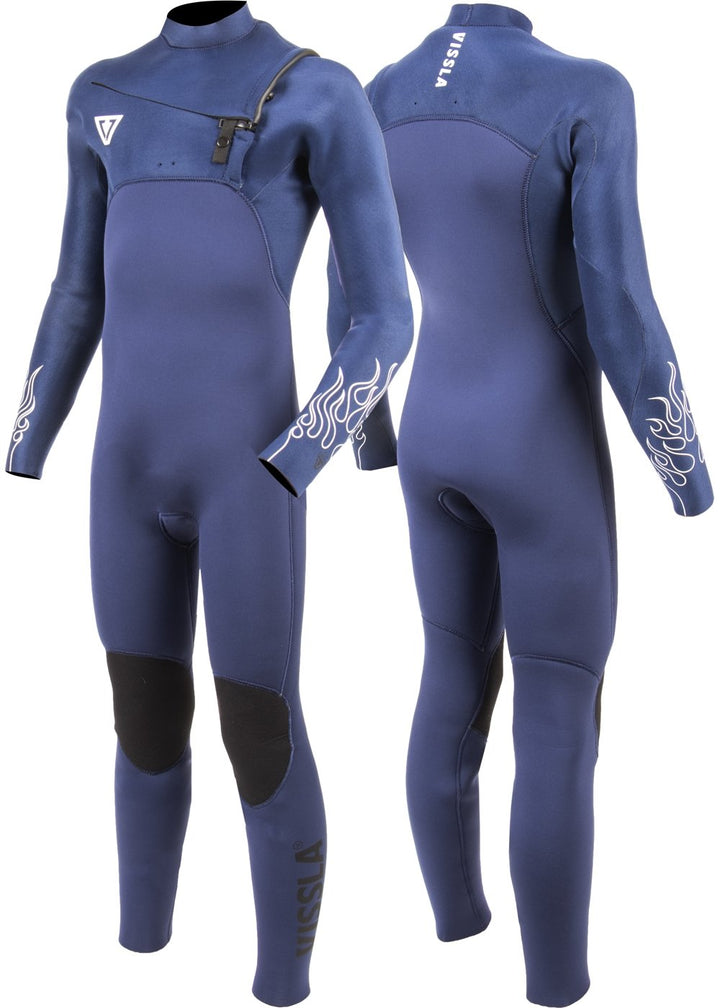 Vissla Boys Deep Royal High Seas Fire 3-2 Full Chest Zip Wetsuit. Front and Back View.