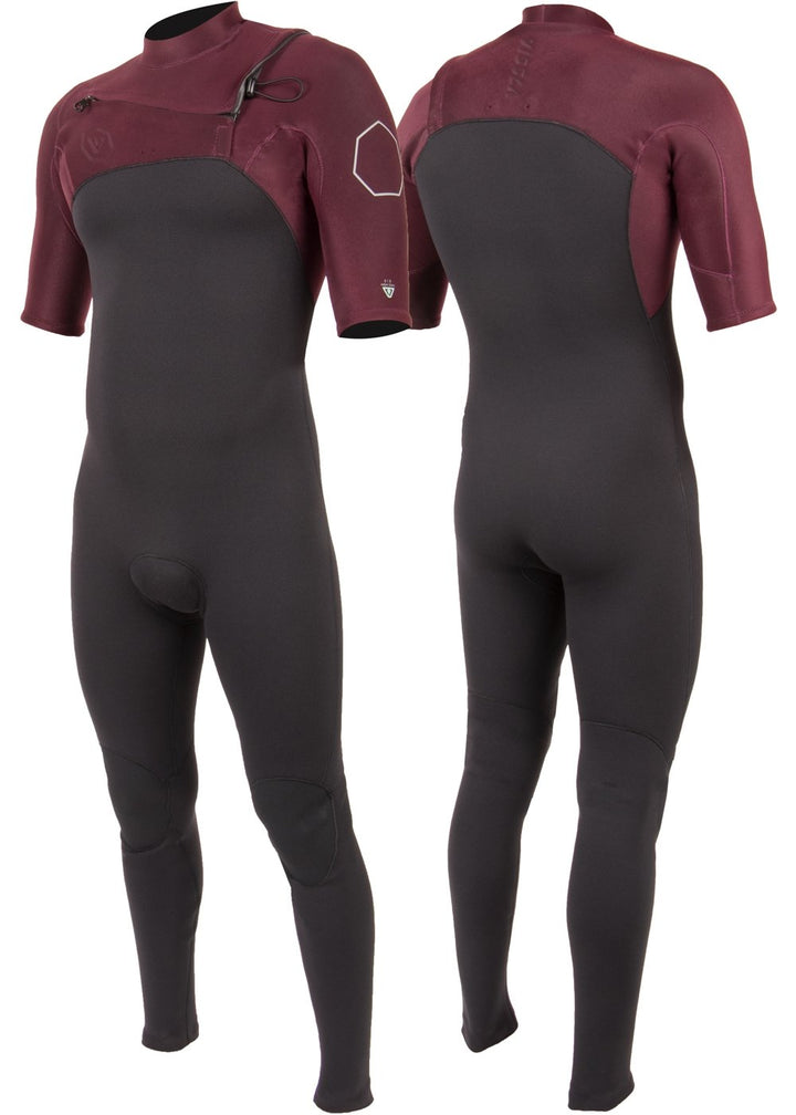 Vissla Men's Black and Wine High Seas ll 2-2 Short Sleeve Full Suit. Front and Back View