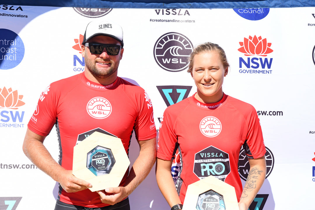 SHANE HOLMES AND SARAH BAUM TAKE OUT THE 2018 VISSLA CENTRAL COAST PRO PRES. BY SLIMES AT AVOCA. 