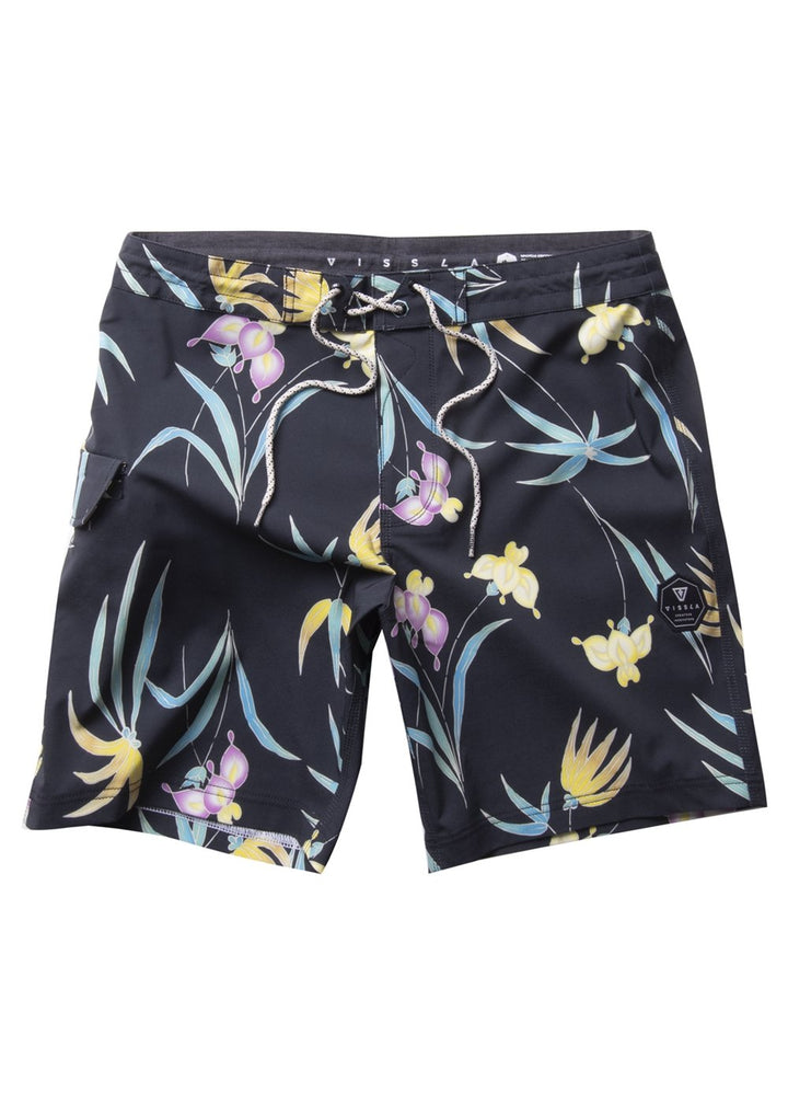 Vissla Black 17" Shoots Boys Boardshort Front View. Multi Colored Floral Print with Patch.