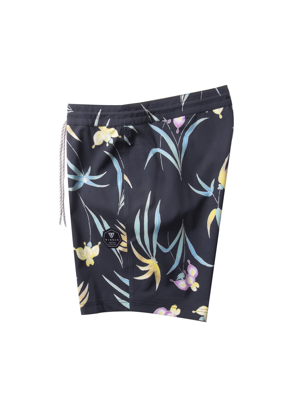 Vissla Black 17" Shoots Boys Boardshort Side View. Multi Colored Floral Print with Patch.