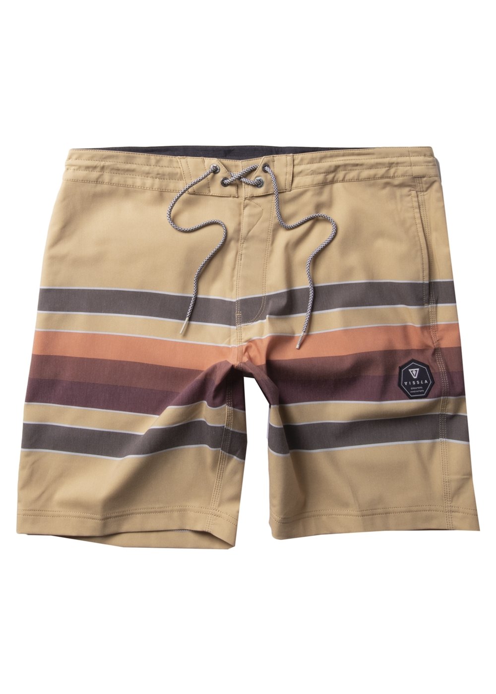 Vissla Ochre 17" Boys Fist Bump Boardshort Front View. Multi Colored Print with Patch.
