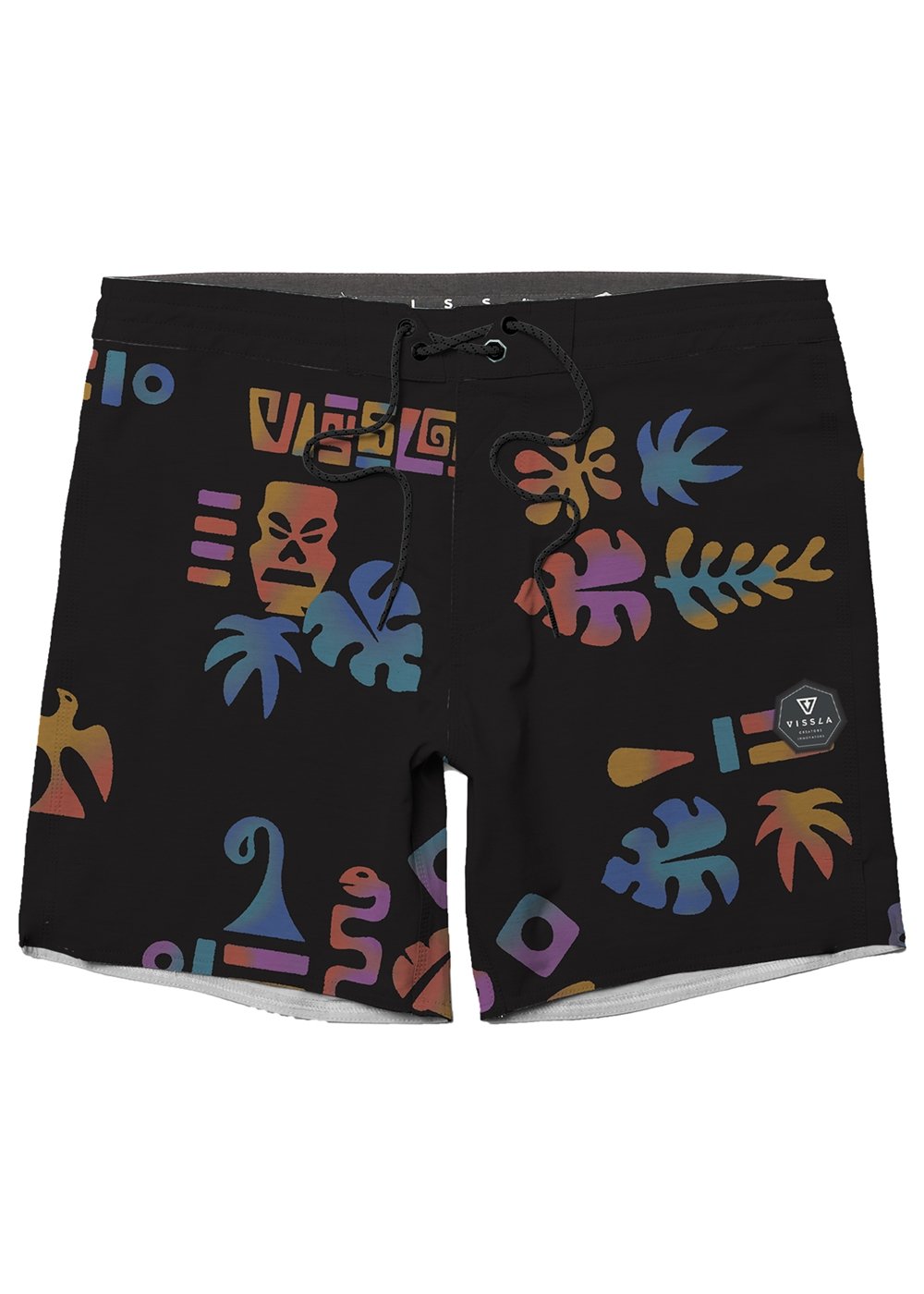 Vissla Black 17" Yeah You Boys Boardshort Front View. Multi Color with Patch.