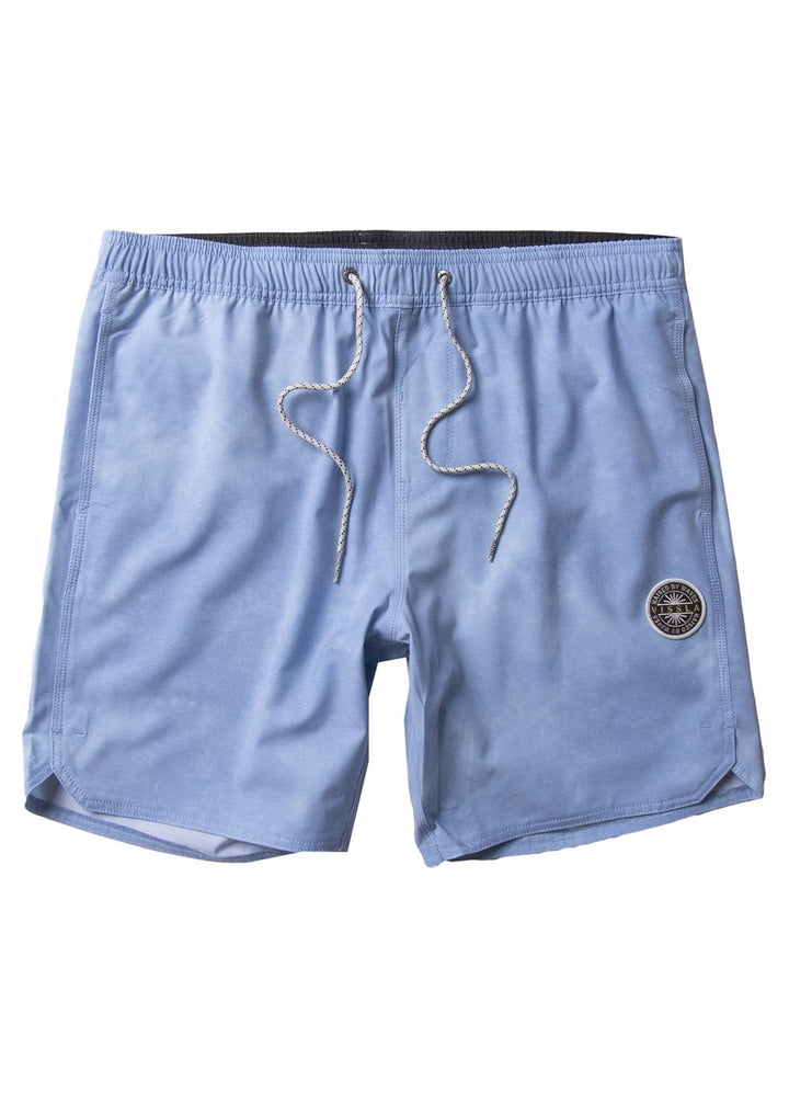 Vissla Blue Wash 16" Solid Sets Boys Ecolastic Boardshort Front View. Solid Color with Patch.