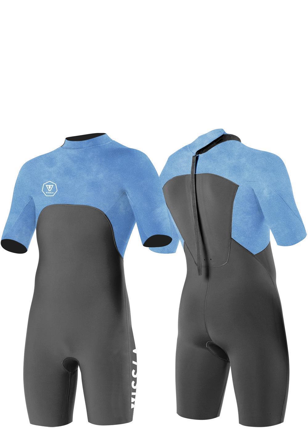 Vissla Boys Blue 2-2 Short Sleeve Back Zip Spring Suit. Front and Back View.