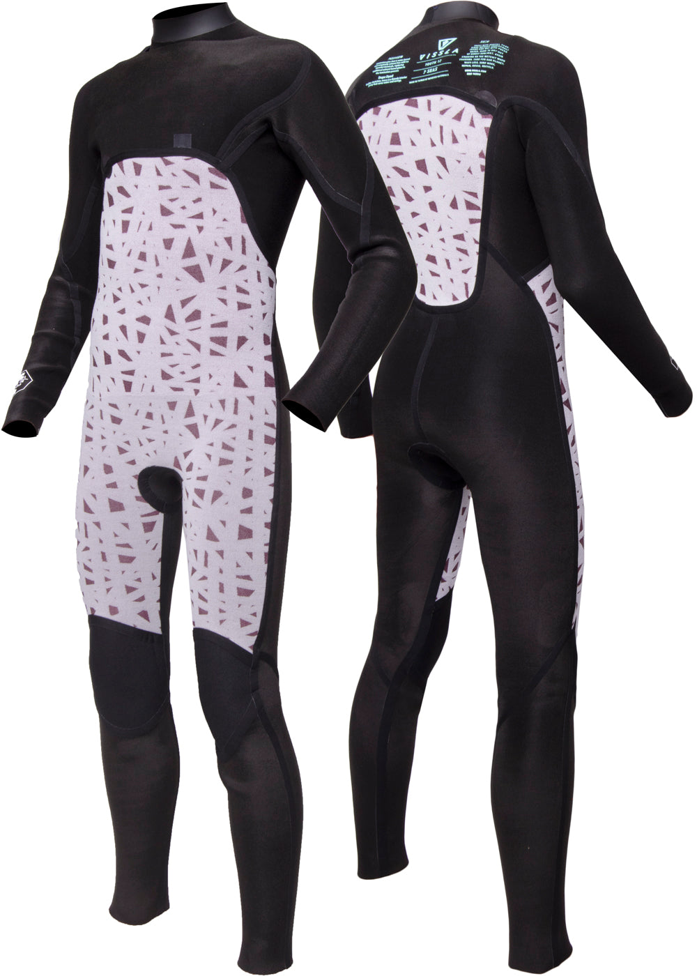 Vissla Gunmetal 7 Seas Boys Raditude 3-2 Full Chest Zip Wetsuit. Front and Back Inside View.