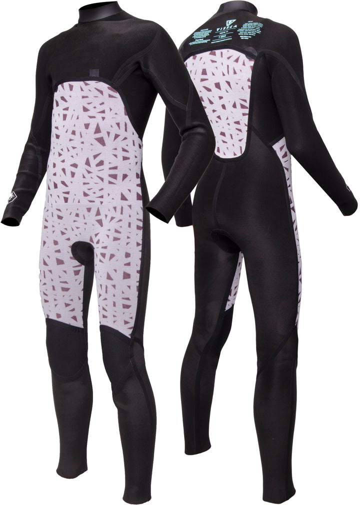 Vissla Gunmetal 7 Seas Boys Raditude 3-2 Full Chest Zip Wetsuit. Front and Back Inside View.