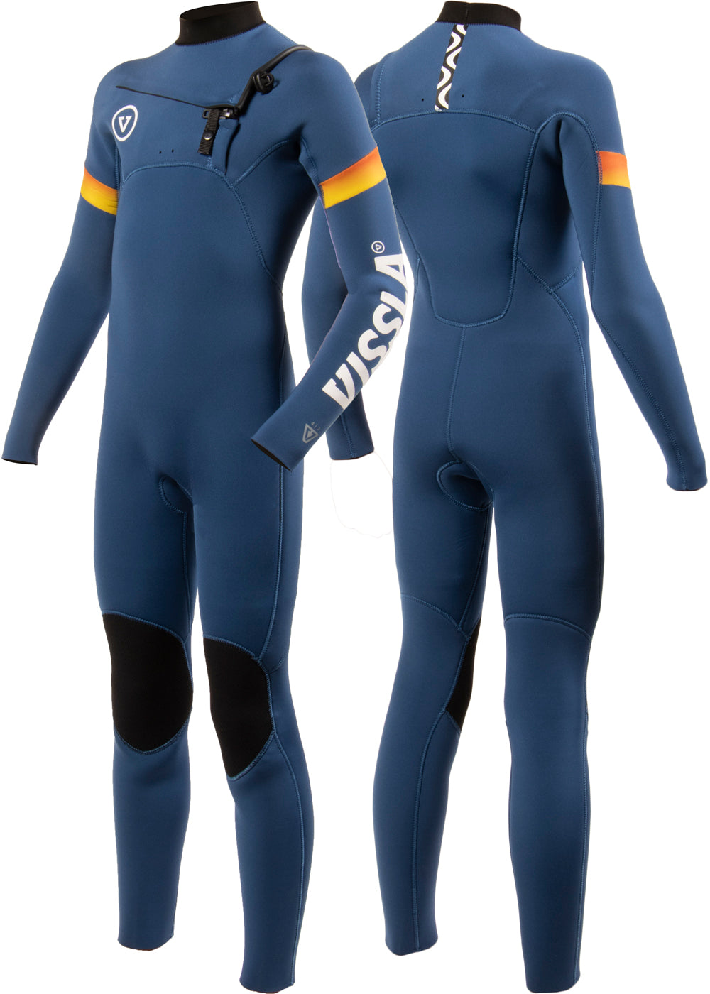Vissla Harbor Blue 7 Seas Boys Raditude 3-2 Full Chest Zip Wetsuit. Front and Back View.