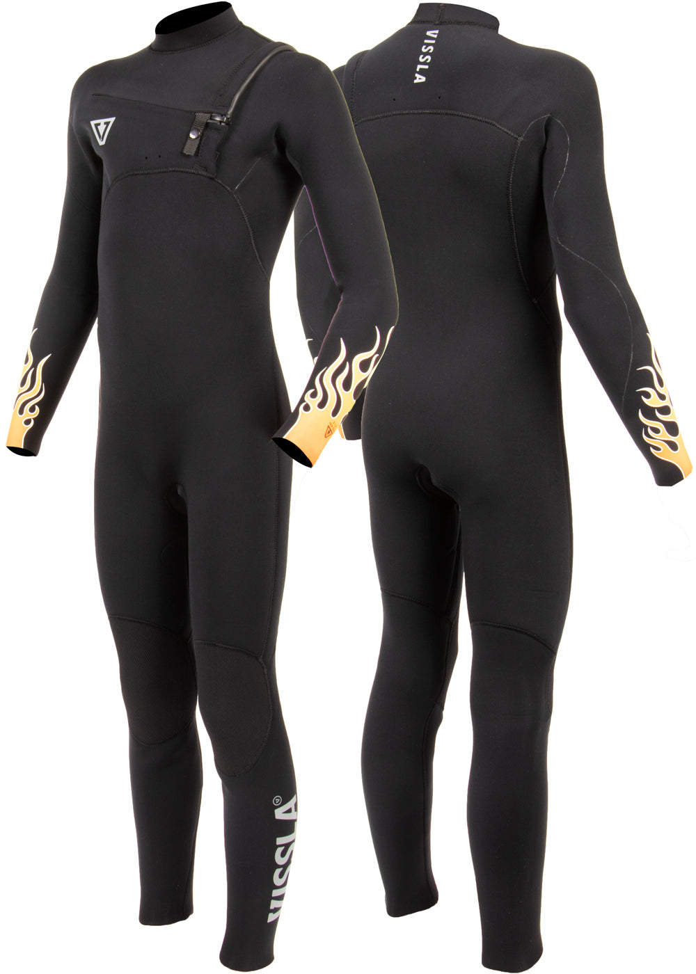 Vissla Black High Seas Boys Fire 3-2 Full Chest Zip Wetsuit. Front and Back View.