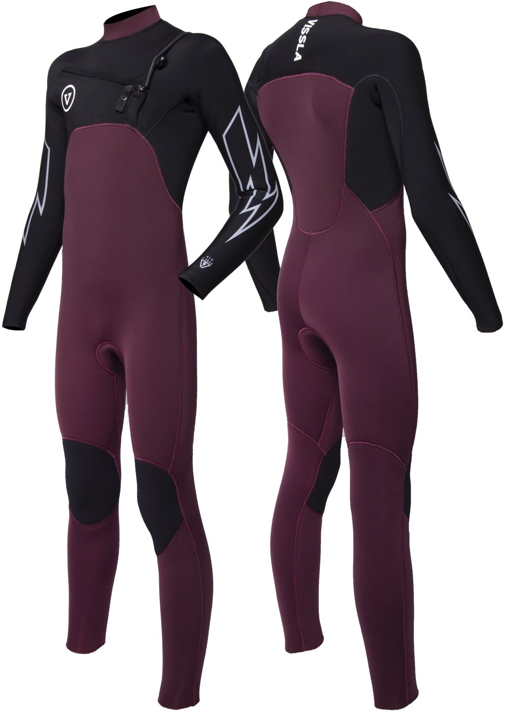 Vissla Boys wine and black 7 Seas 3-2 bolt chest zip full wetsuit. front and back view