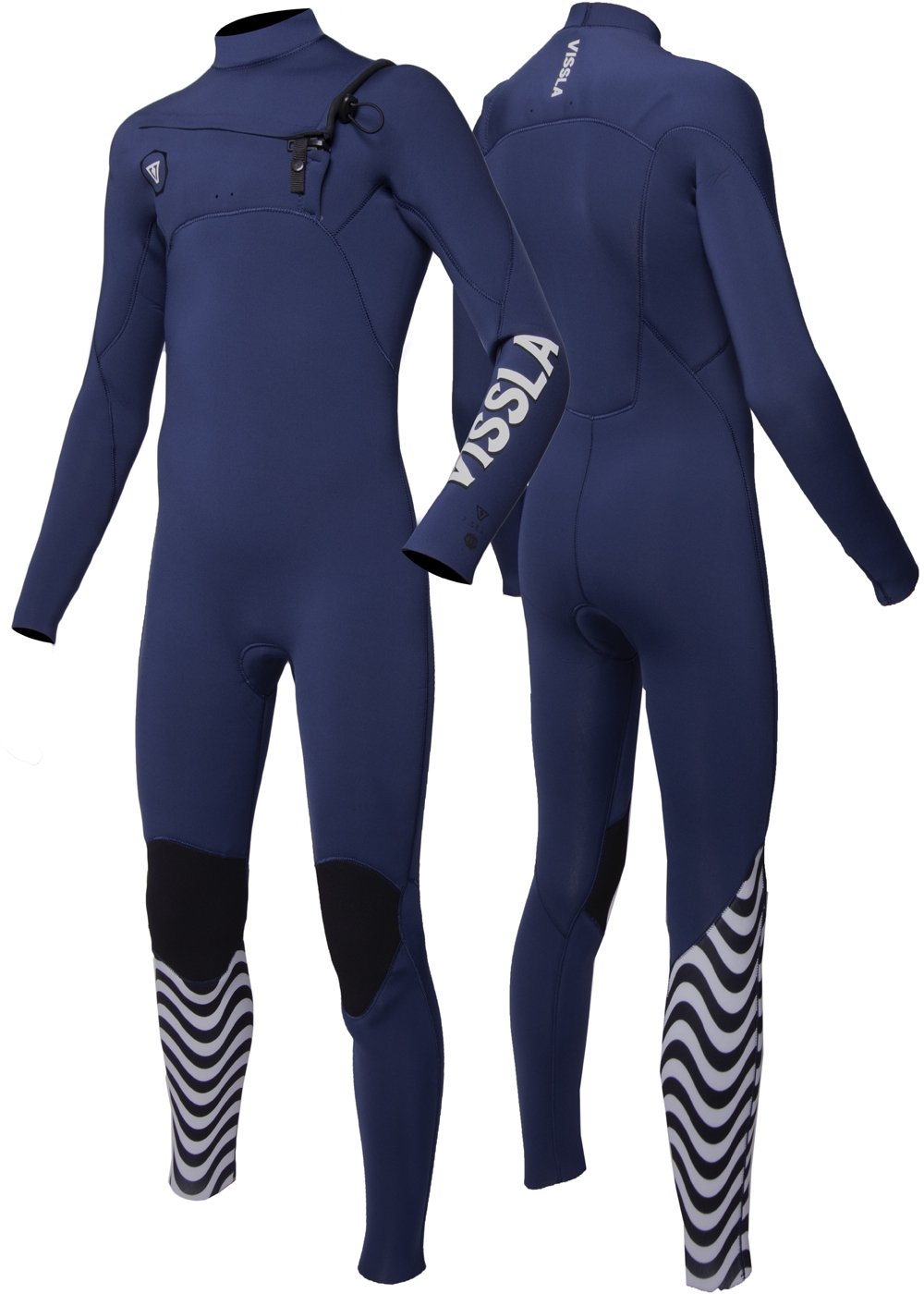 Vissla Boys Navy 7 Seas 3-2 chest zip full wetsuit. front and back view