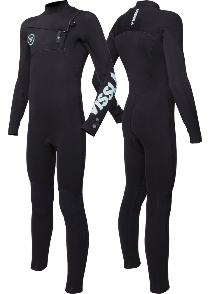 Vissla Boys black 7 Seas 3-2 chest zip full wetsuit. front and back view