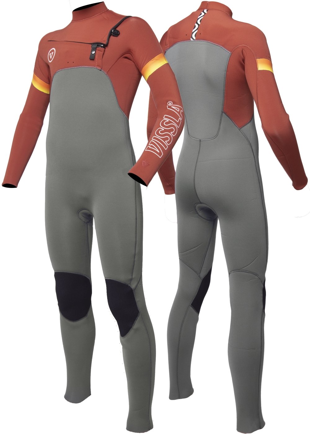 Vissla Boys Rust and Grey 7 Seas Raditude 4-3 Full Chest Zip Wetsuit. Front and Back View.