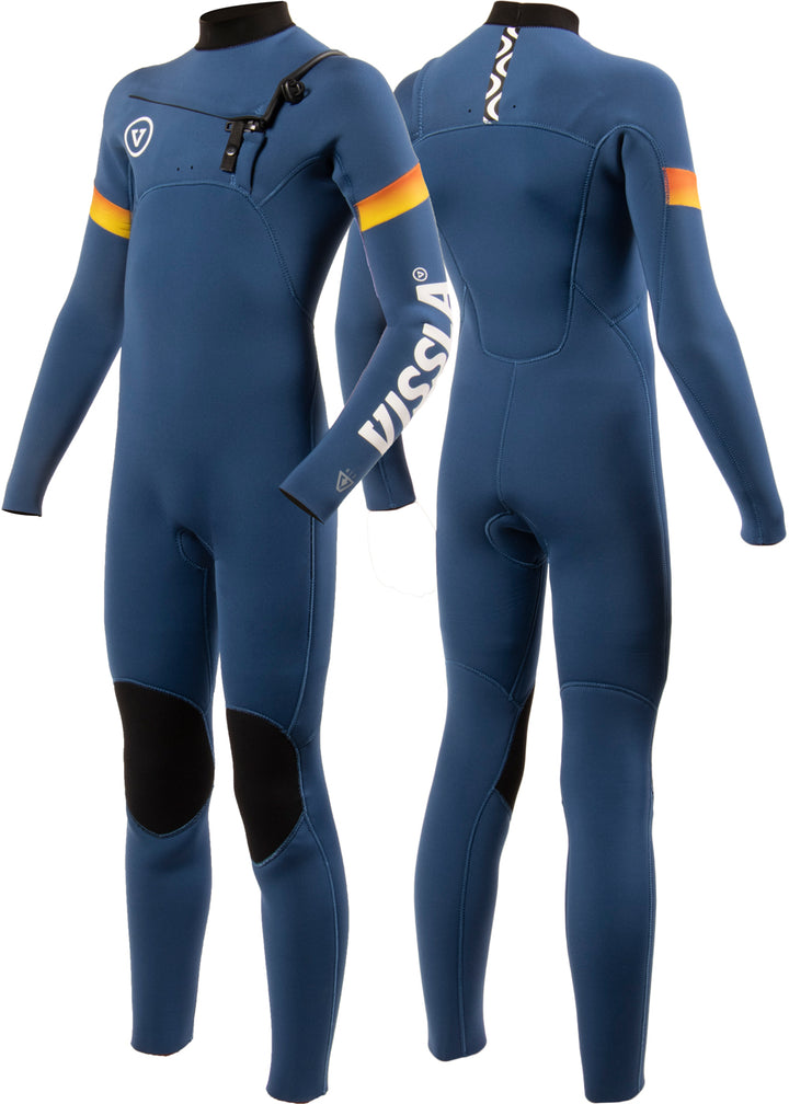 Vissla Boys Harbor Blue 7 Seas Boys Raditude 4-3 Full Chest Zip Wetsuit. Front and Back View.