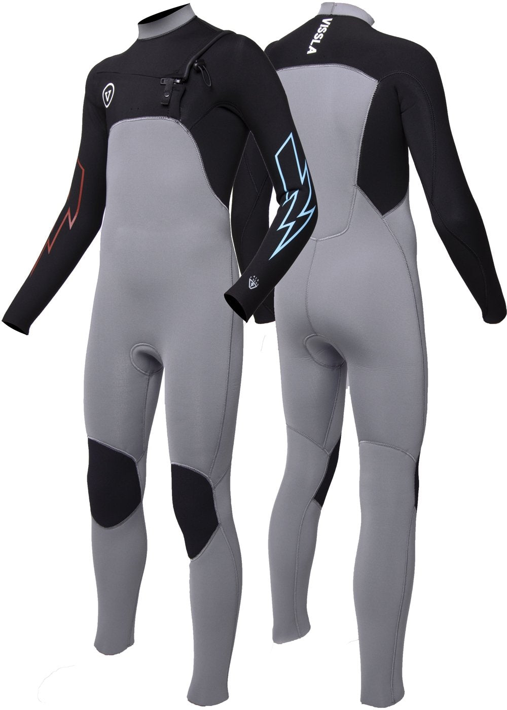 Vissla Boys grey 7 Seas 4-3 bolt chest zip full wetsuit. front and back view