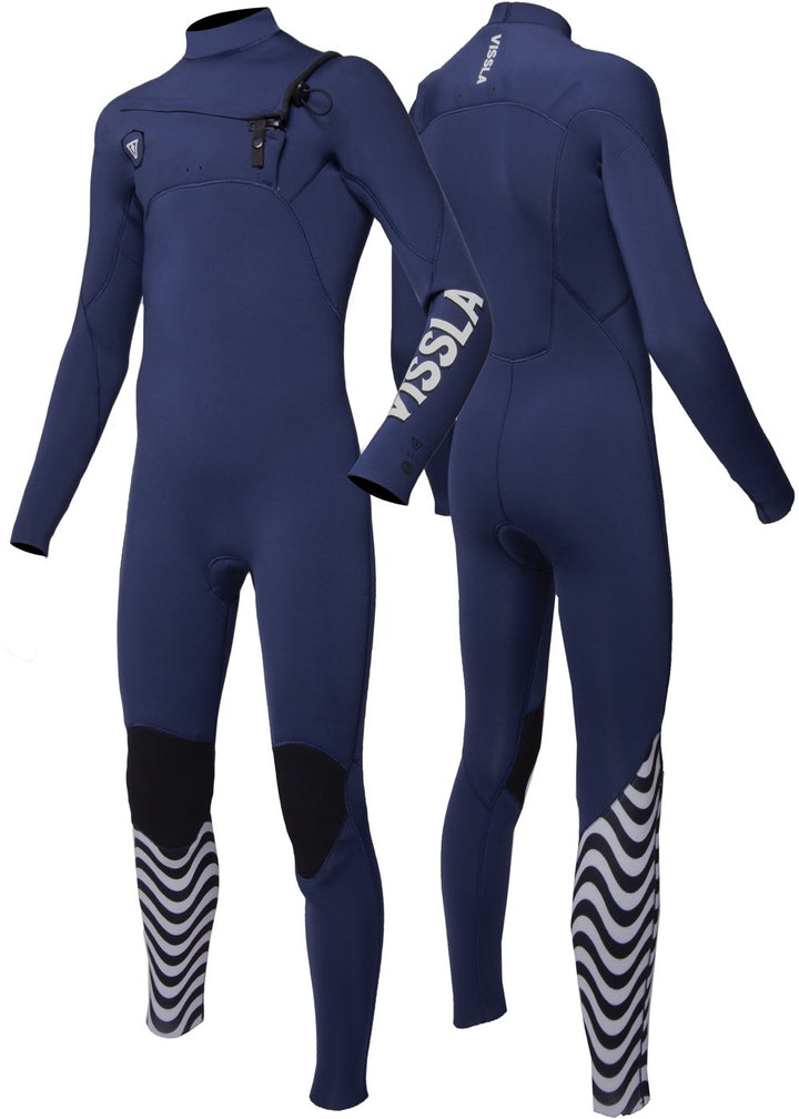 Vissla Boys navy 7 Seas 4-3 chest zip full wetsuit. front and back view
