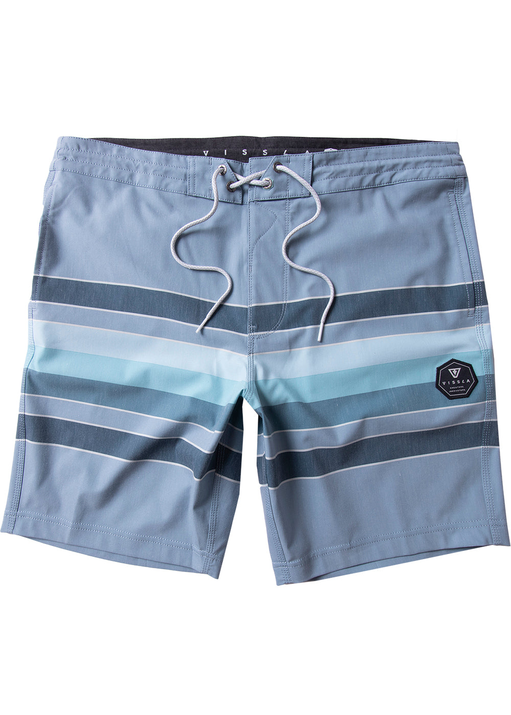 Vissla Men's Fist Bump 18.5" boardshort. Faded denim front view. Includes dark blue and light blue horizontal thick stripes. Front View 
