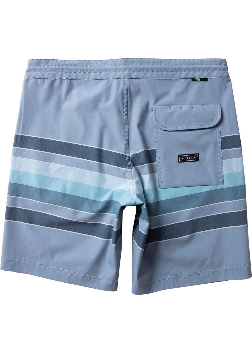 Vissla Men's Fist Bump 18.5" boardshort. Faded denim front view. Includes dark blue and light blue horizontal thick stripes. Back View 