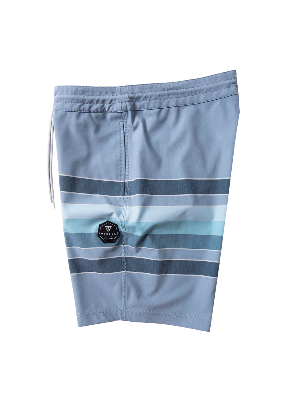 Vissla Men's Fist Bump 18.5" boardshort. Faded denim front view. Includes dark blue and light blue horizontal thick stripes. Side View 