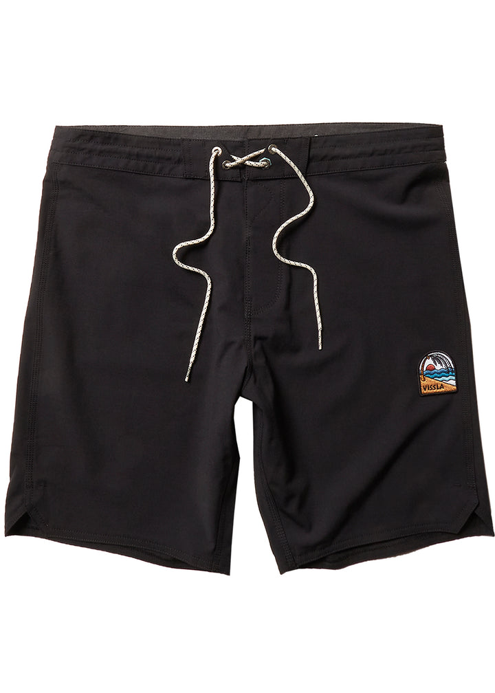Vissla Black Solid Sets 18.5" Boardshort. Solid Color with Patch Front View.