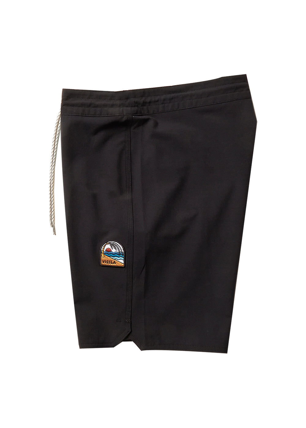 Vissla Black Solid Sets 18.5" Boardshort. Solid Color with Patch Side View.
