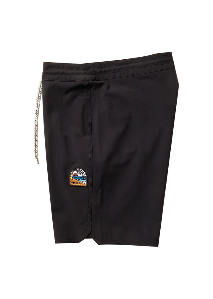 Vissla Black Solid Sets 18.5" Boardshort. Solid Color with Patch Side View.