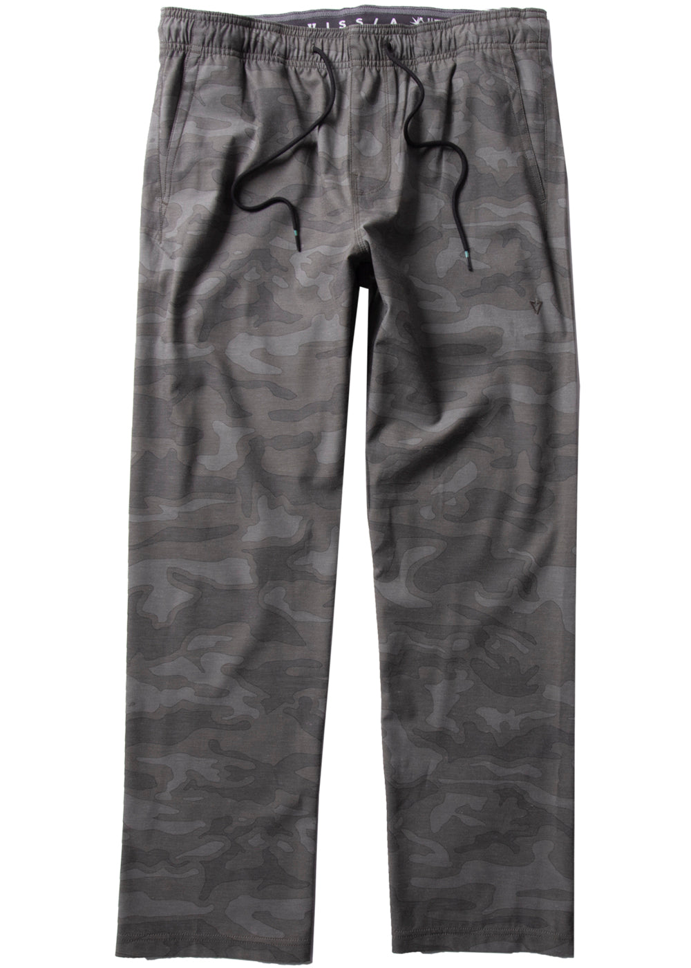 Vissla Men's black camo Hemp No See Ums Eco Elastic Pant. Front view.