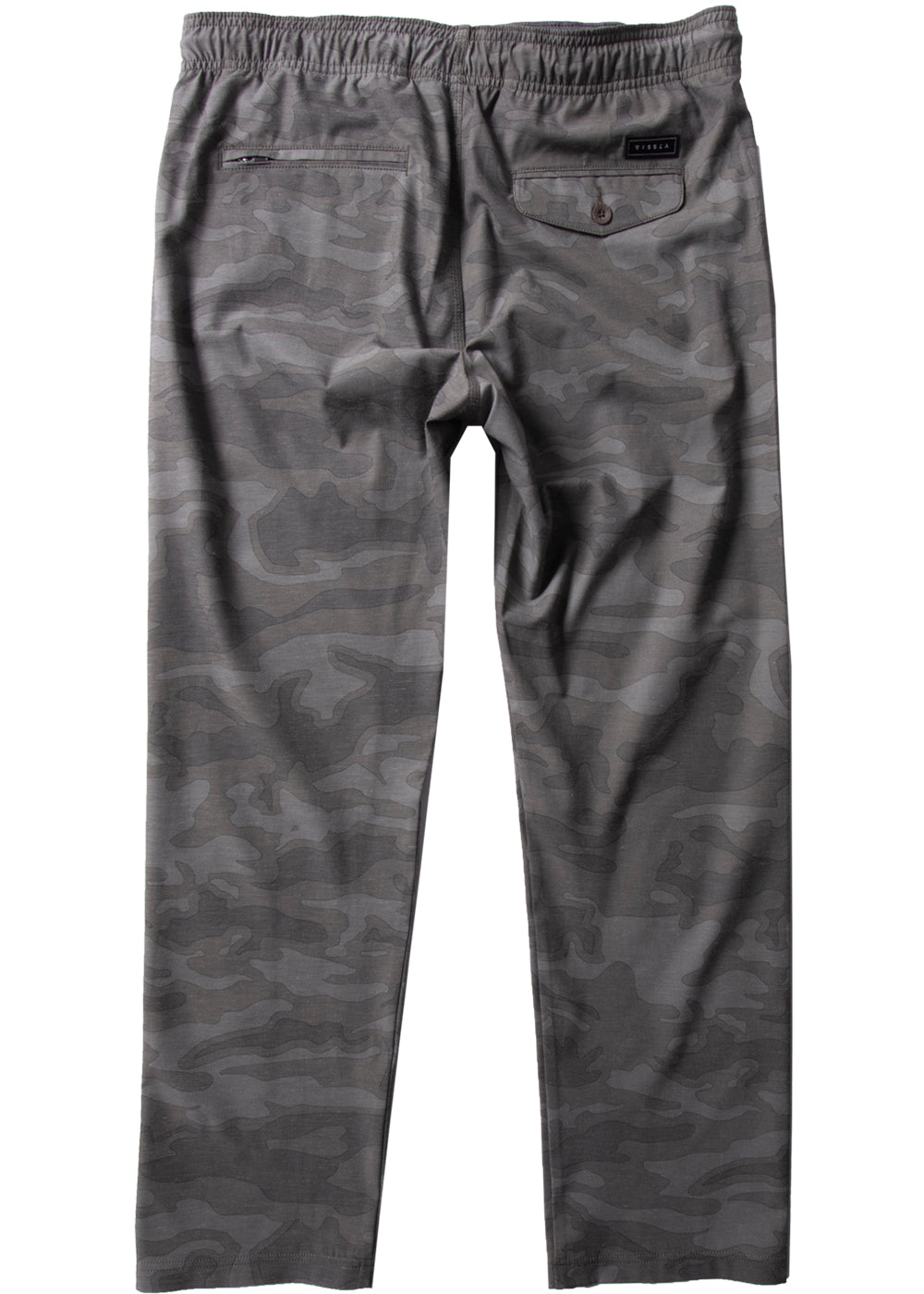 Vissla Men's black camo Hemp No See Ums Eco Elastic Pant. Back view.