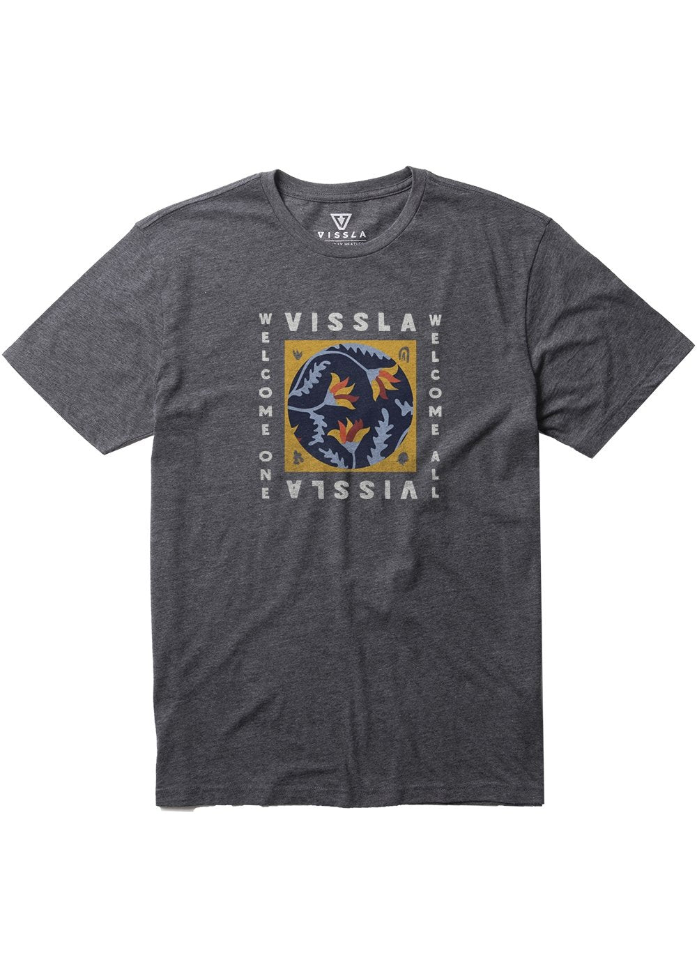 Vissla Mens Welcome All Heather Graphic Tee in Black Heather Front View