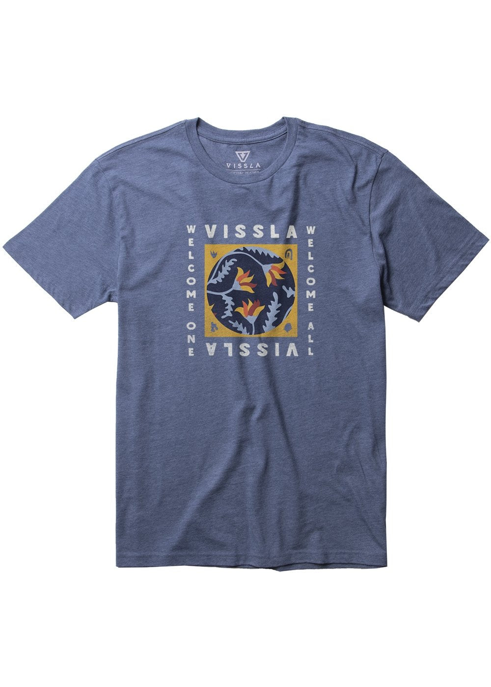 Vissla Mens Welcome All Heather Graphic Tee in Midnight Heather Front View