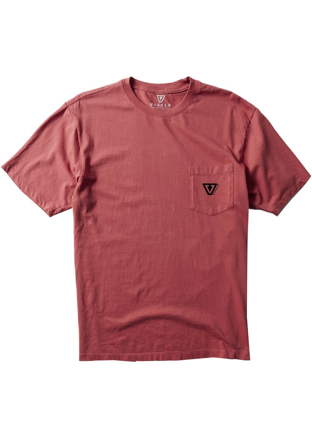 Vissla Men's brick colored short sleeve t-shirt with black Vissla logo on the chest pocket