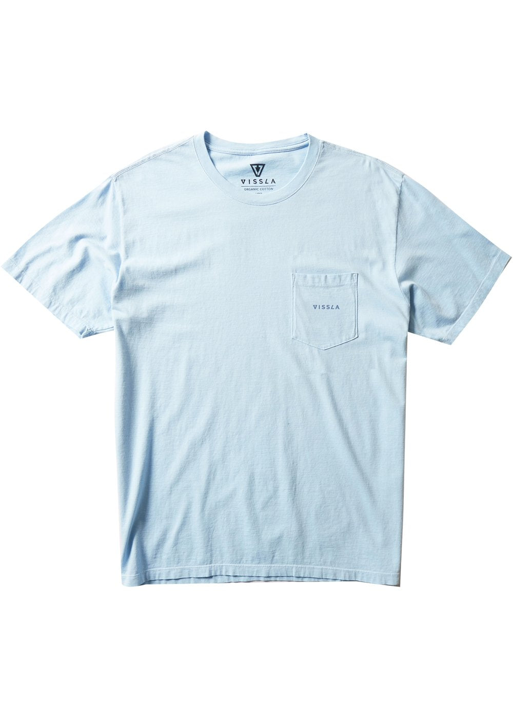 Vissla Men's ice blue short sleeve t-shirt with the word "Vissla" on the chest pocket in fine grey print