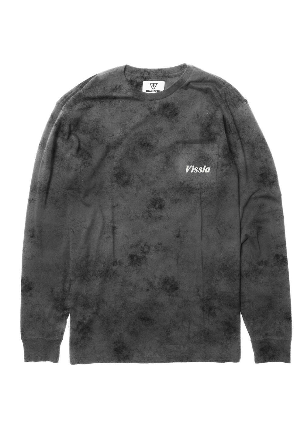 Vissla Men's long sleeved phantom black tie dye t-shirt with white print saying "Vissla" in bubbly letter on the chest pocket