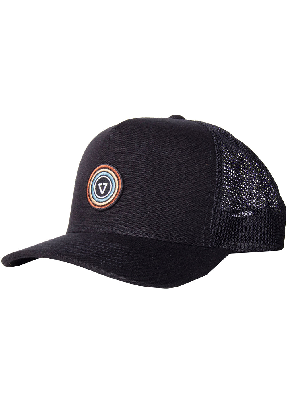 Vissla Black Trip Out Eco Trucker Hat with Patch Front View 