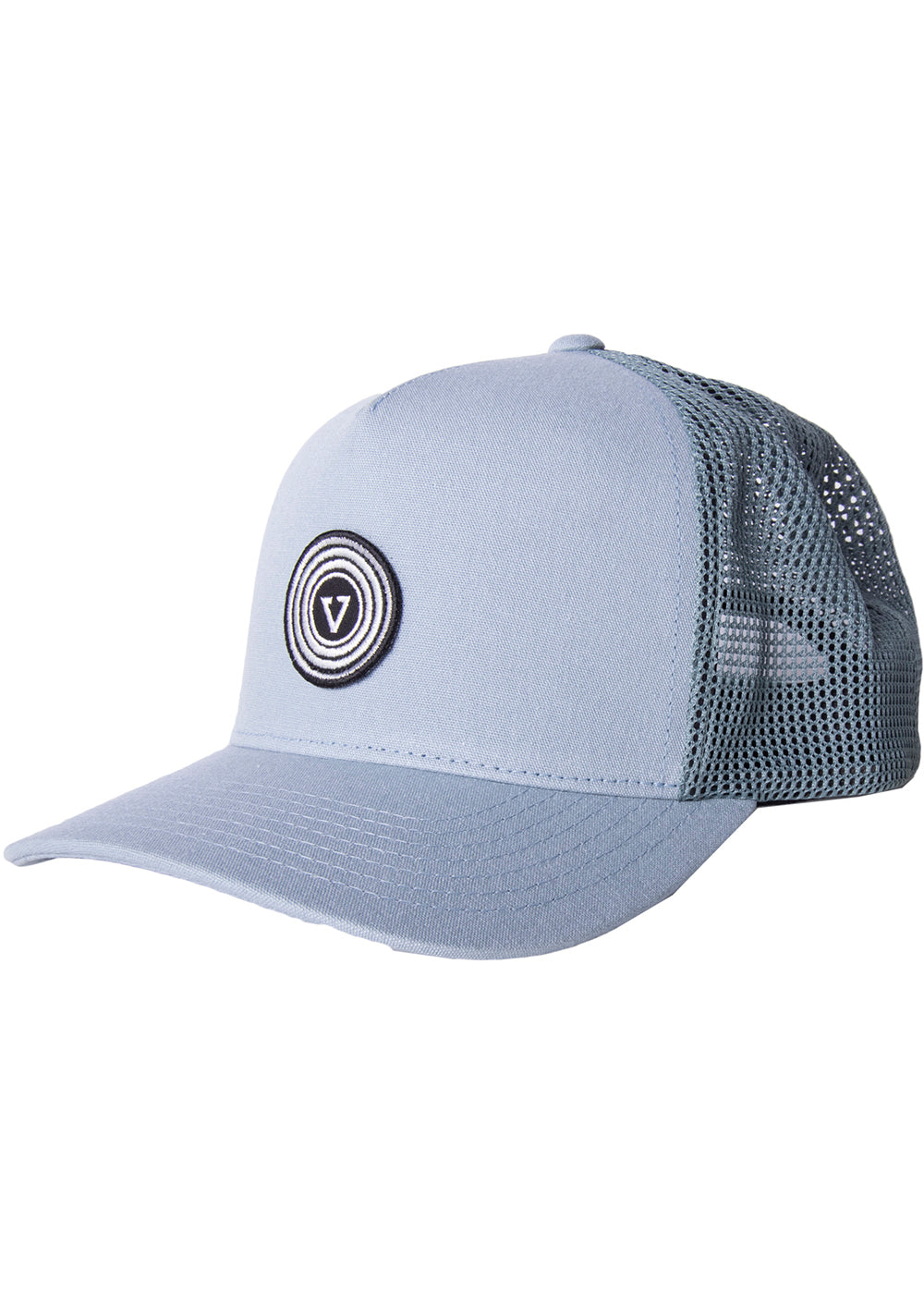 Vissla Stone Blue Trip Out Eco Trucker Hat with Patch Front View 