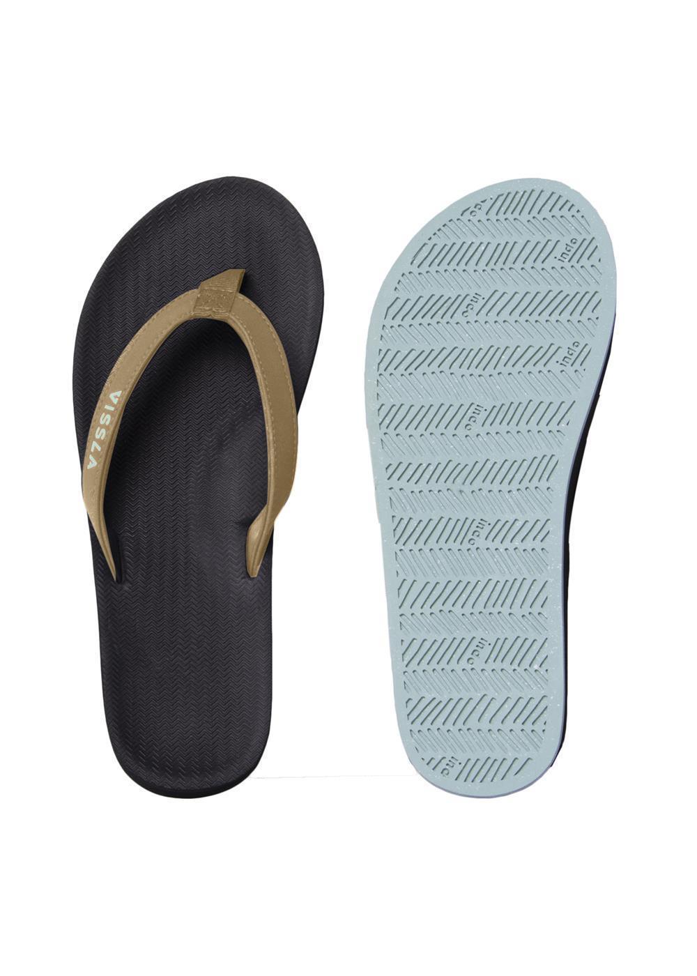 Vissla Sandals with a Black Base and Brown Toe Thong and an upside down sandal with a white sole - Top View