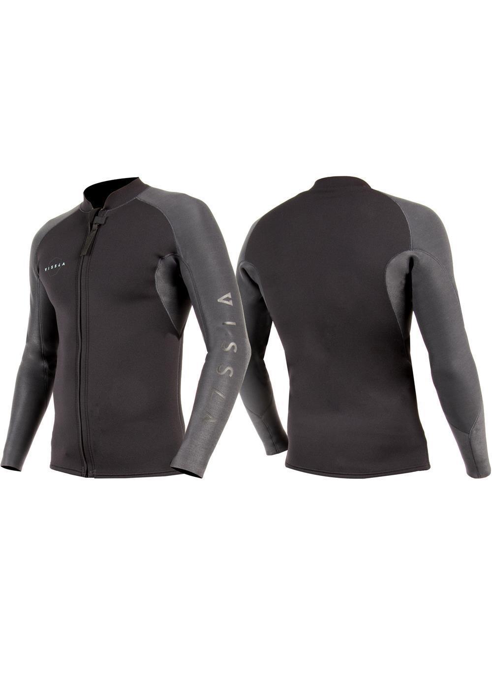 Vissla Men's Black and Grey High Seas 2mm Front Zip Long Sleeve Jacket. Front and Back View.