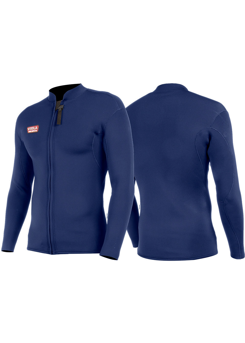 Vissla Dark Naval Solid Sets 2mm Front Zip Wetsuit Jacket. Front and Back View.