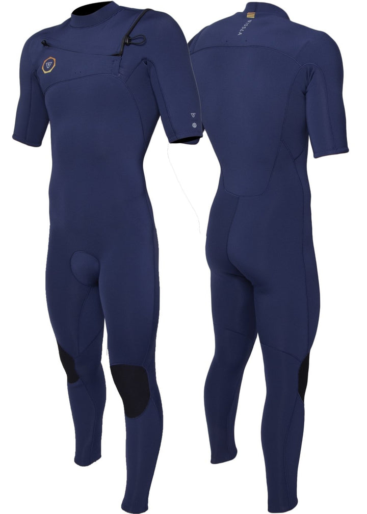 Vissla Men's Navy 7 Seas 2-2 full chest zip wetsuit. front and back view.