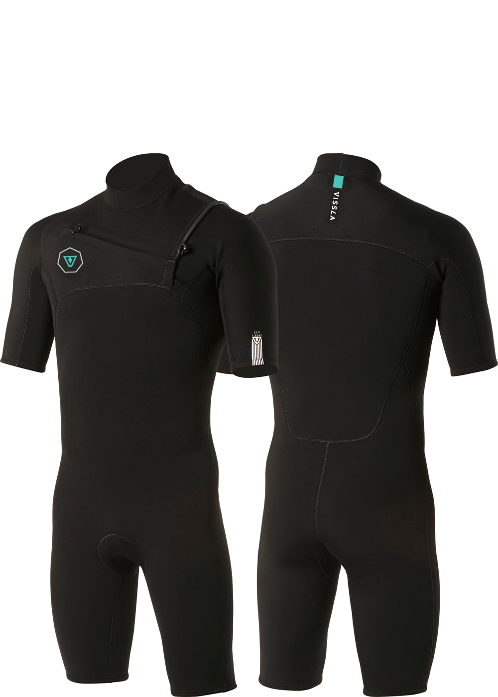 Vissla Black 7 Seas 2-2 Short Sleeve Chest Zip Spring Suit. Front and Back View