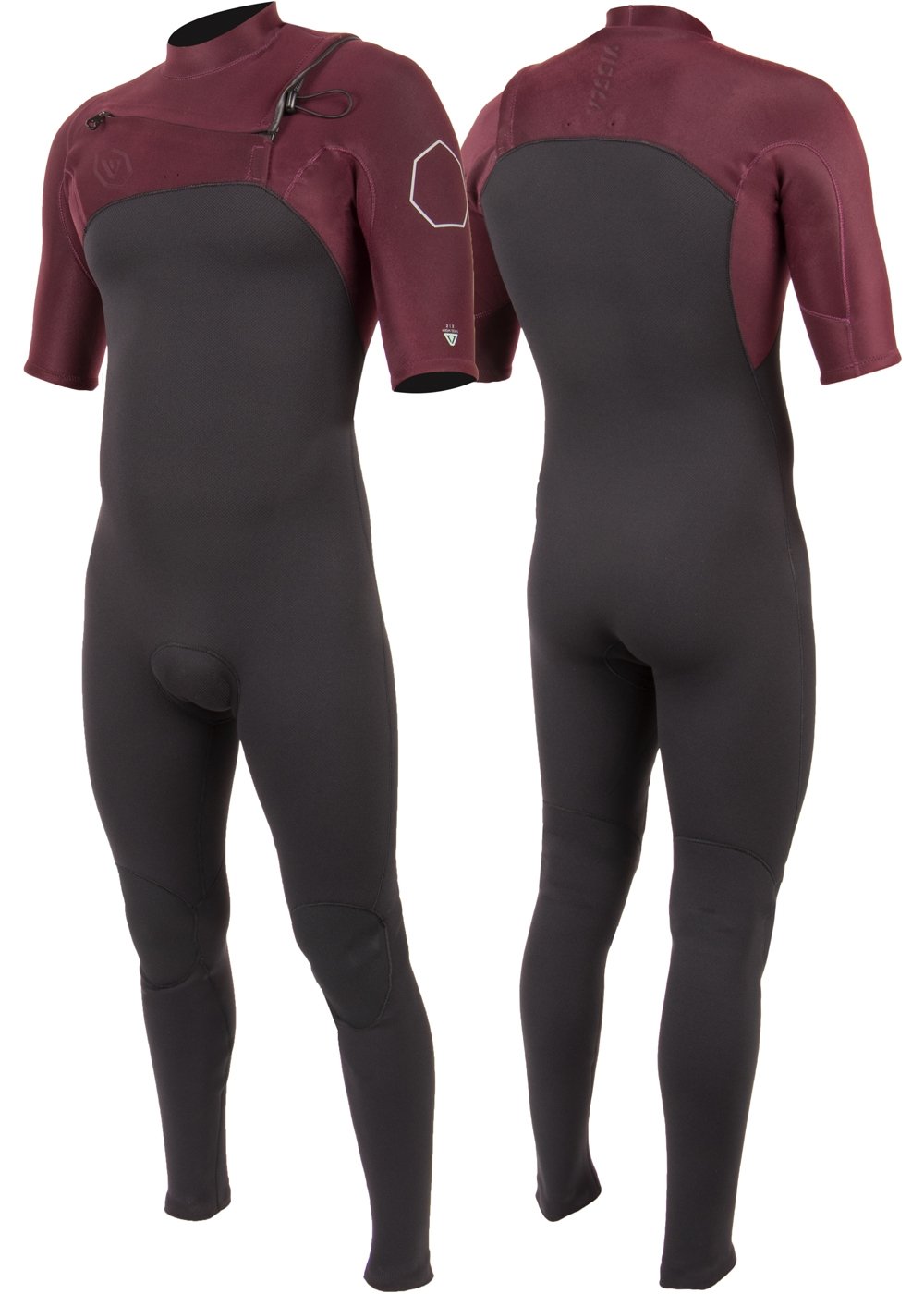 Vissla Men's Black and Wine High Seas ll 2-2 Short Sleeve Full Suit. Front and Back View