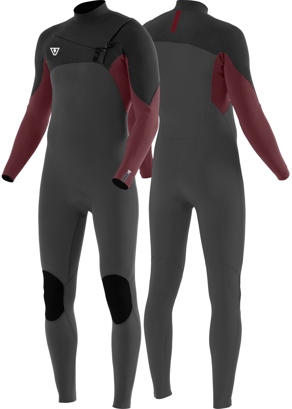 7 Seas Comp Red, Grey, and Black 3-2 Full Chest Zip Wetsuit. Front and Back View.