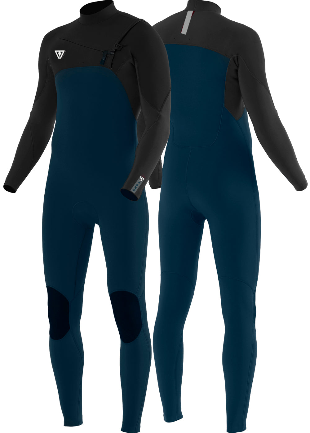 7 Seas Comp Navy and Black 3-2 Full Chest Zip Wetsuit. Front and Back View.