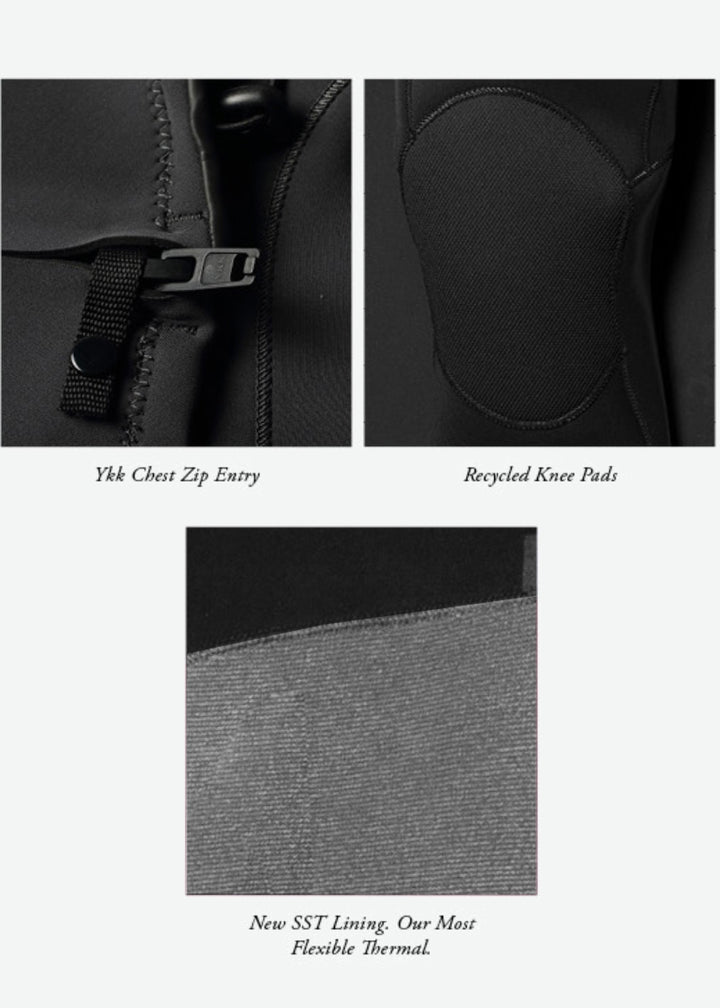 7 Seas Comp 3-2 Full Chest Zip Wetsuit. Chest Zip Entry, Knee pads, Inside thermal liner, and Machine applied tape close ups