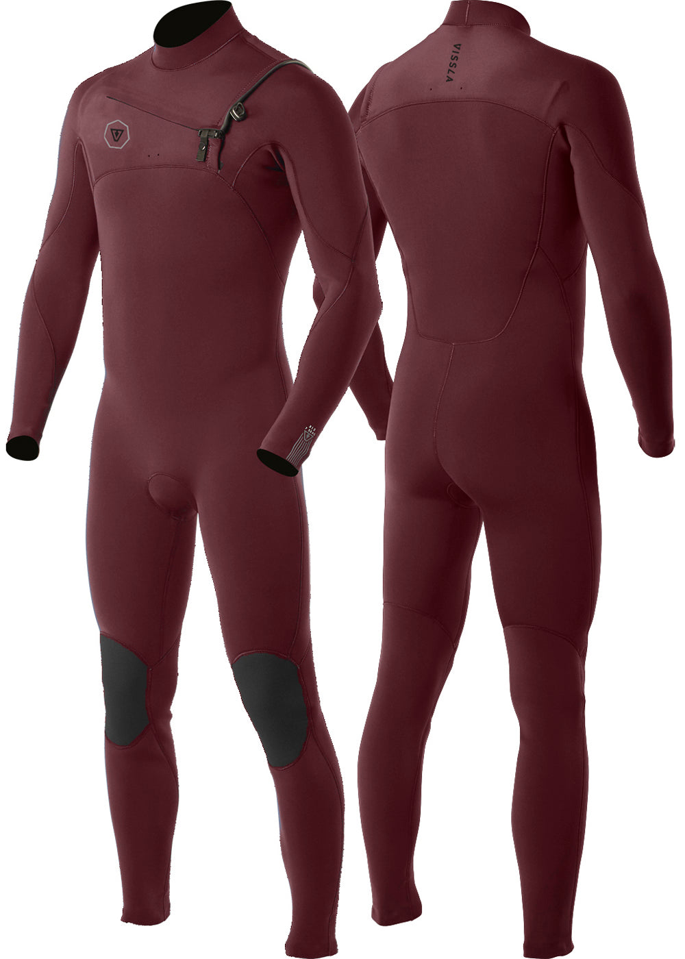 Vissla Men's Wine 7 Seas 3-2 chest zip full suit. Front and back view.
