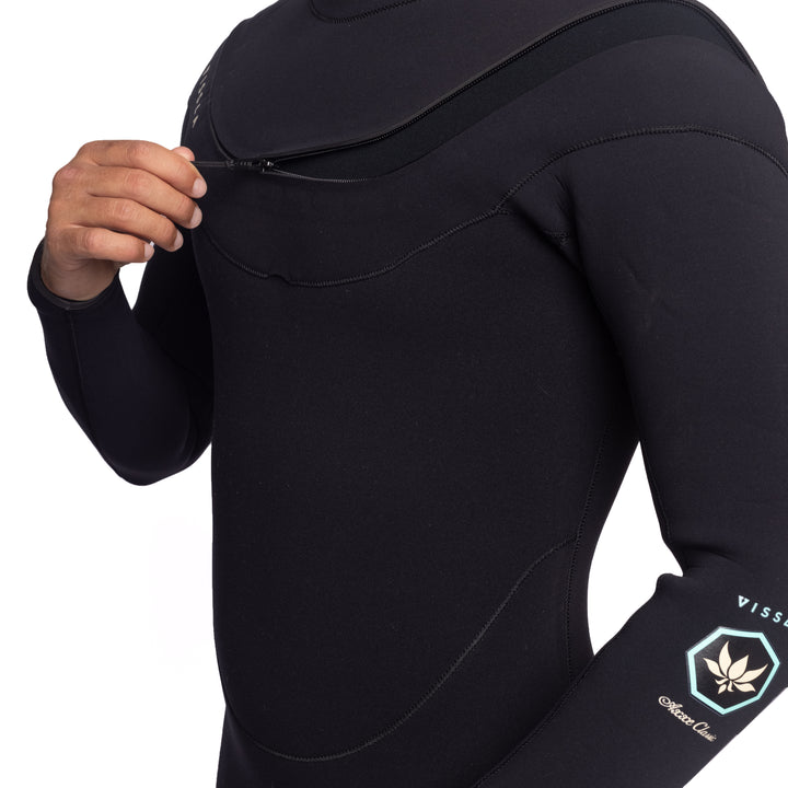 Vissla X Axxe Men's 3-3 U Zip Full Suit. Side Angle View of Model Unzipping Suit.