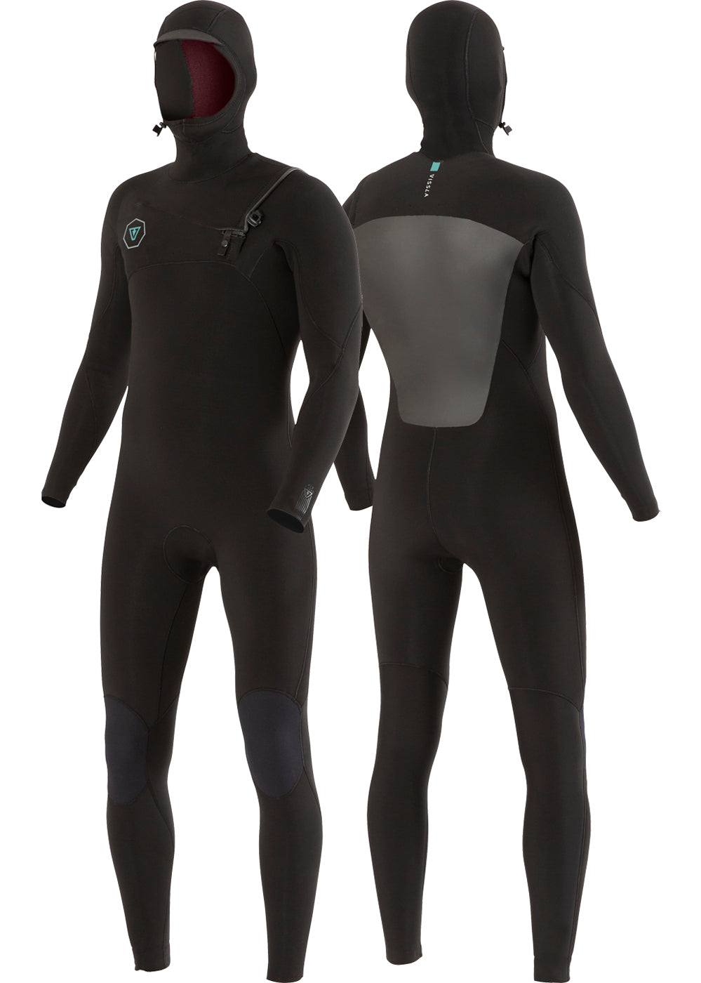 Vissla Black 7 Seas 4-3 Full Hooded Chest Zip Wetsuit. Front and Back View.