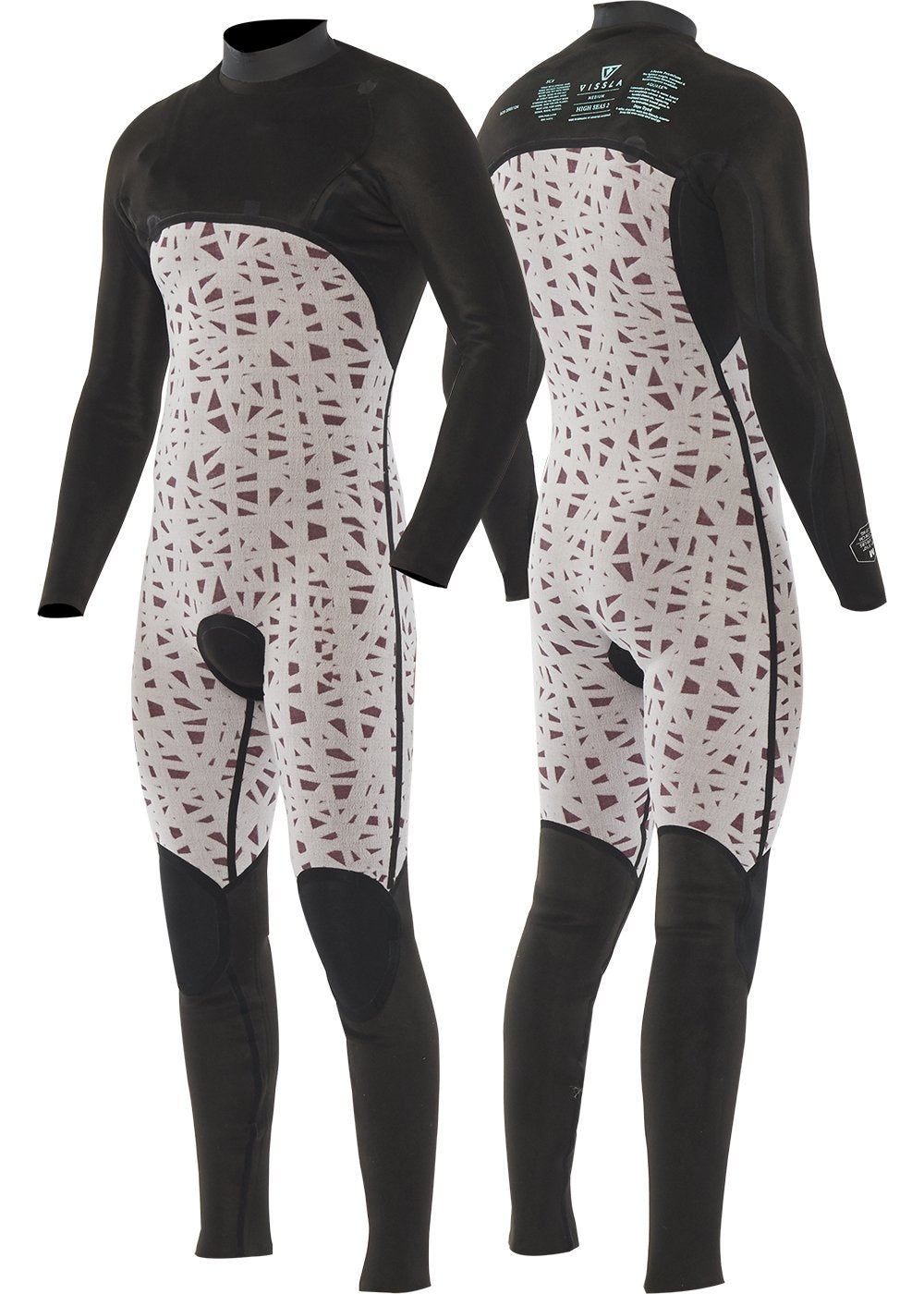 Vissla Men's Charcoal High Seas ll 4-3 No Zip Full Wetsuit. Front and Back Inside View.