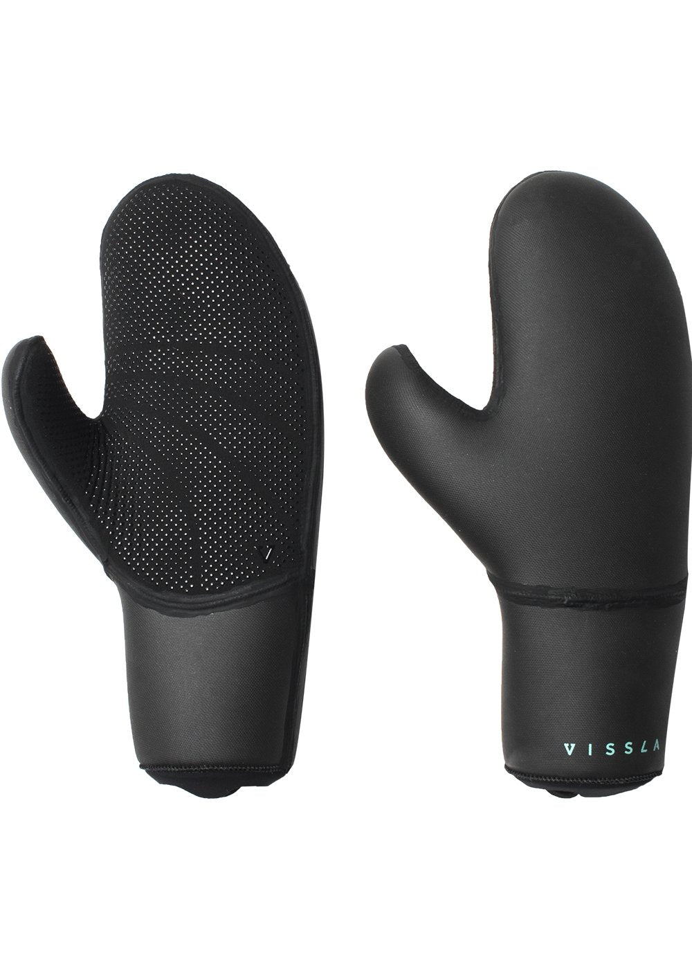 Vissla Men's Black 7 Seas 7MM Mitten Wetsuit Gloves. Front and Back View.